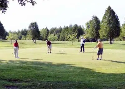 Golfers enjoying a game amidst the vibrant green expanse of Harbour View Golf & Country Club in Gilford, Innisfil, located near CozyCotts. The lush grass creates a picturesque setting, inviting players to experience a tranquil round surrounded by the serene beauty of the course.