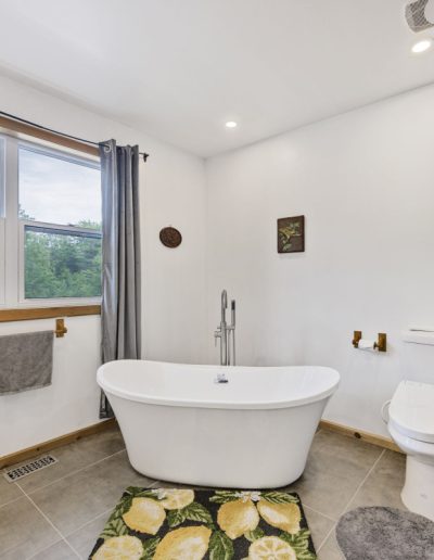 Bathroom with freestanding white tub, lemon-patterned rug, toilet, and wood-tiled wall section.