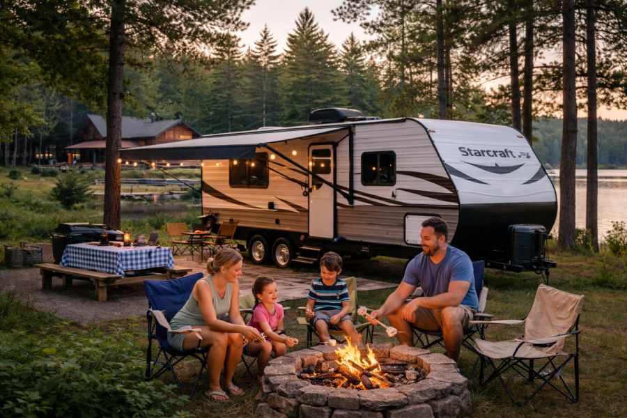 Family camping at sunset by the lake
