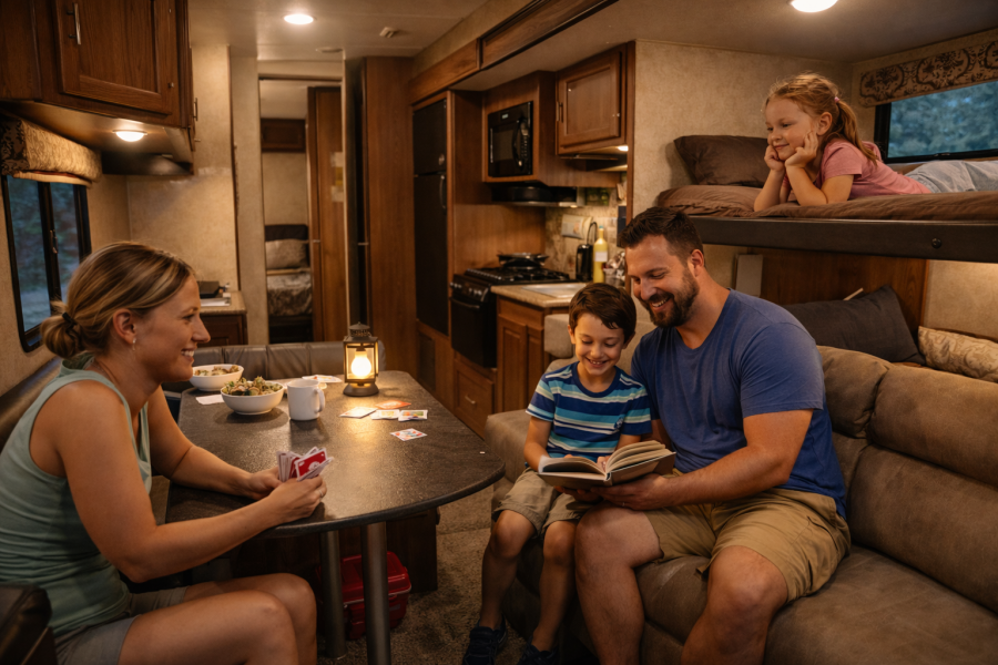 Family game night in the trailer